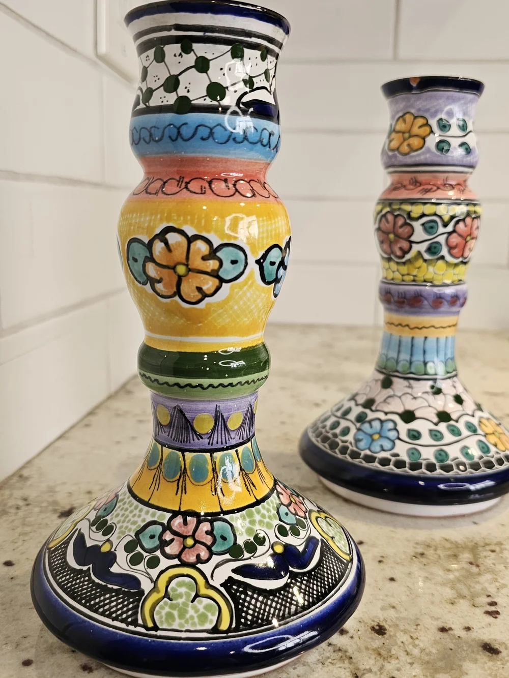 Hand-Painted Multicolor Earthenware Candle Holders Floral Talavera Pue Mex. Art